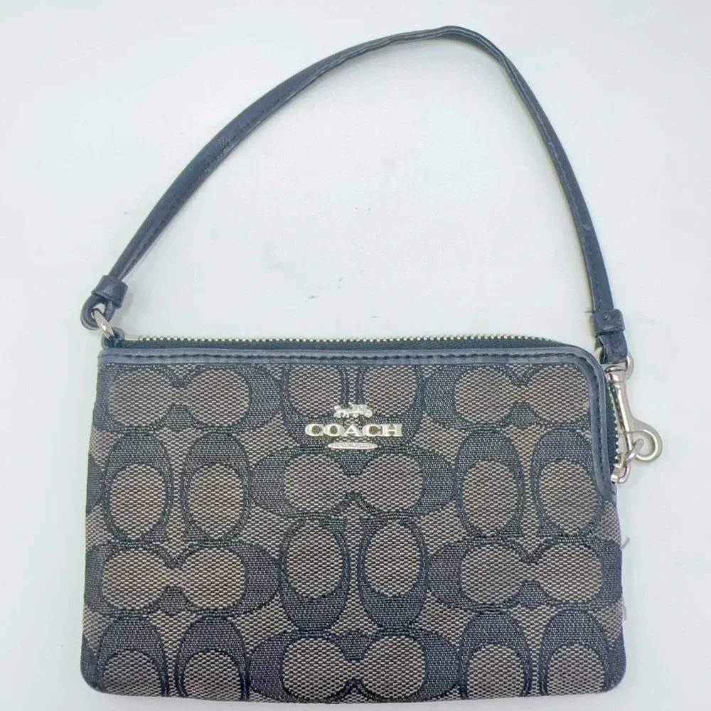 Coach 64233 Signature Corner Zip Wristlet Black Smoke Canvas Midnight Navy Blue